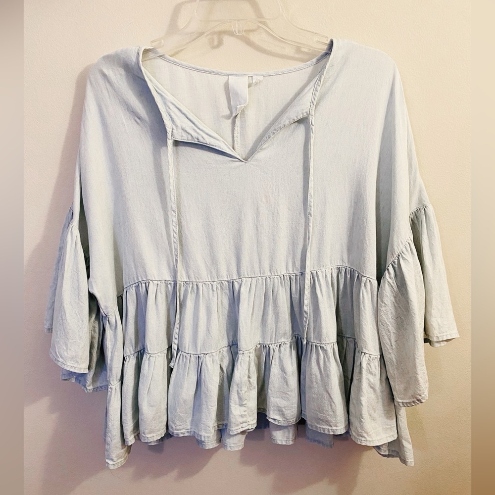Light wash chambray ruffle top